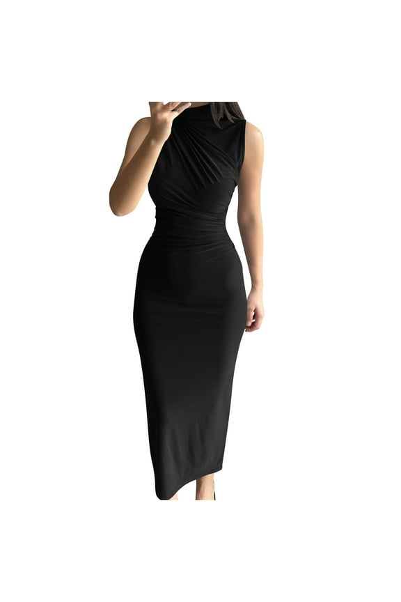  2025 Women's Sexy High Neck Sleeveless Ruched Bodycon Cocktail Dress | Work to Party Pencil Midi Fashion Nova Style