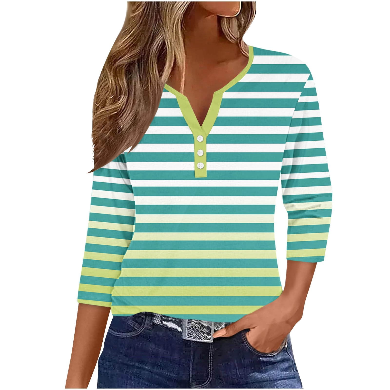 Hojudo Women's Soft V-Neck 3/4 Sleeve Tunic Top - Striped Henley Blouse, Loose Fit - View #5