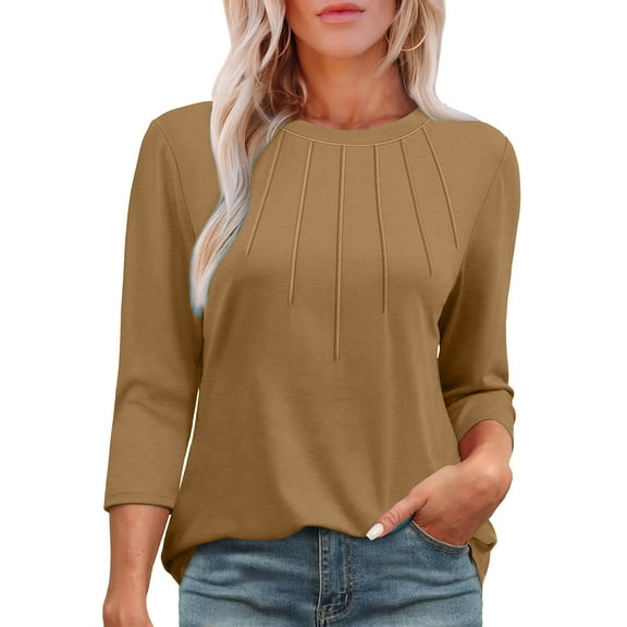 Drses 3/4 Length Sleeve Womens Tops Round Neck Casual Tunic Tops Basic Pleated Shirts Loose Fit