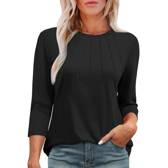 Drses 3/4 Length Sleeve Womens Tops Round Neck Casual Tunic Tops Basic Pleated Shirts Loose Fit