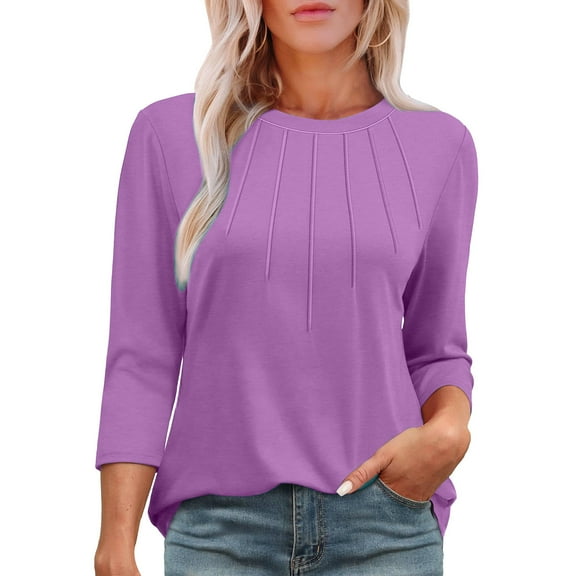 Drses 3/4 Length Sleeve Womens Tops Round Neck Casual Tunic Tops Basic Pleated Shirts Loose Fit
