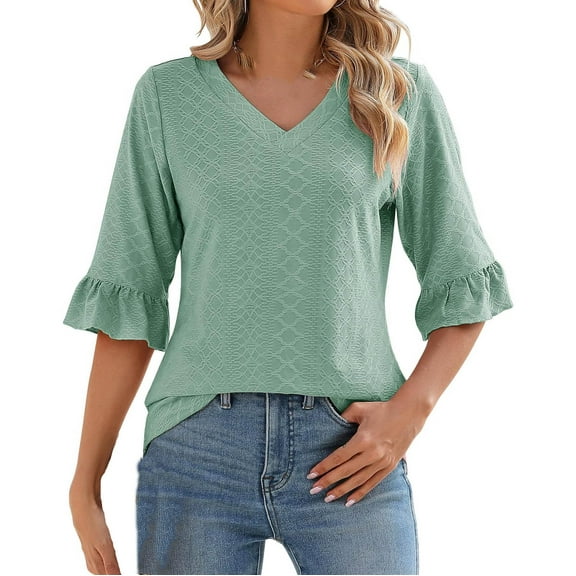Drses 3/4 Length Sleeve Womens Tops Summer Loose V-Neck Eyelet T-Shirts Dressy Casual Ruffle Sleeve Tunic Blouses