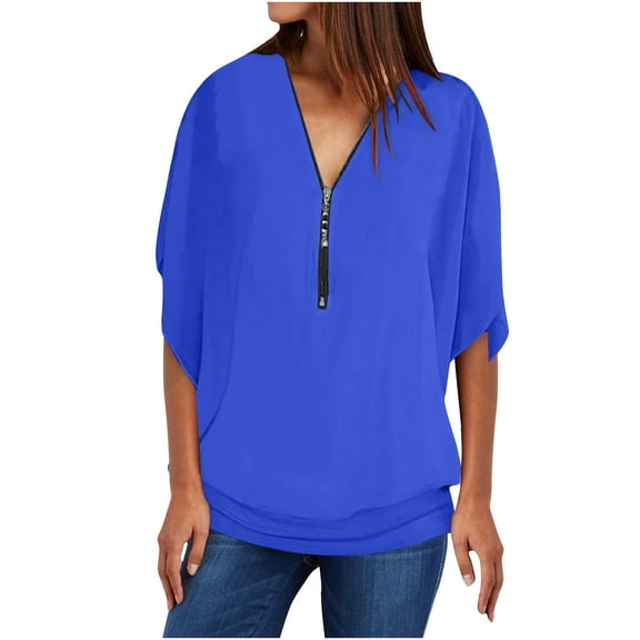 Drses Blouses for Women 3/4 Sleeve V Neck Zipper Cuffed Sleeve Casual Business Chiffon Tops Loose Shirts