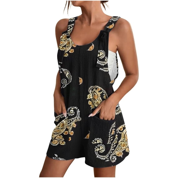 Drses Cute Short Jumpsuits Women Print Rompers One Piece Wide Leg Shorts Overalls Sleeveless Jumpers Pockets