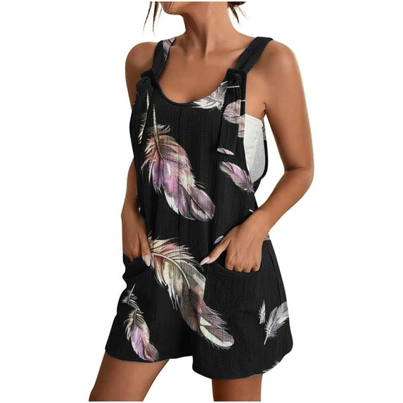 Drses Cute Short Jumpsuits Women Print Rompers One Piece Wide Leg Shorts Overalls Sleeveless Jumpers Pockets