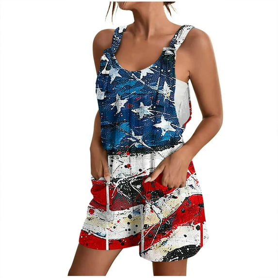 Drses Cute Short Jumpsuits Women Print Rompers One Piece Wide Leg Shorts Overalls Sleeveless Jumpers Pockets
