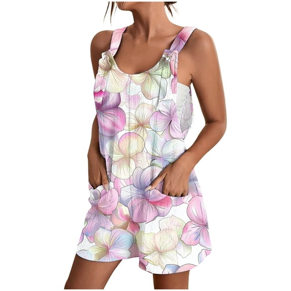 Drses Cute Short Jumpsuits Women Print Rompers One Piece Wide Leg Shorts Overalls Sleeveless Jumpers Pockets