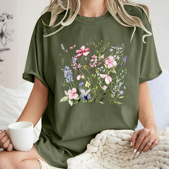 Drses Cute Spring Tshirt Oversized Floral Graphic Tees Vintage Wildflower Shirt Womens Boho Hiking T Shirt Summer Plant Tops