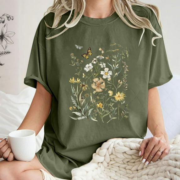 Drses Cute Spring Tshirt Oversized Floral Graphic Tees Vintage Wildflower Shirt Womens Boho Hiking T Shirt Summer Plant Tops