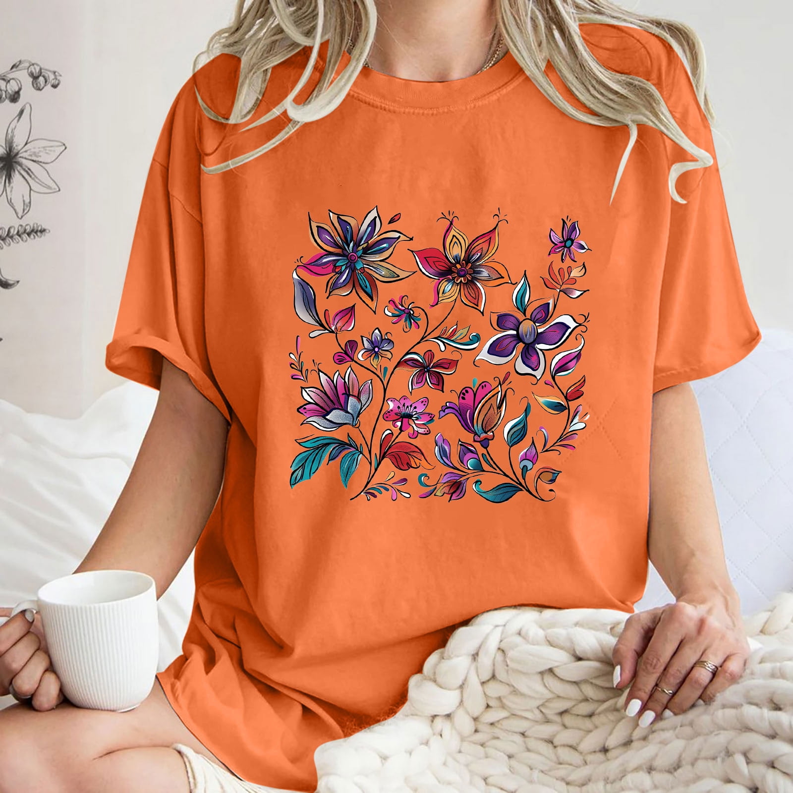 Geometric Floral Spring T-shirt for Women/Large Size (USA Size) (