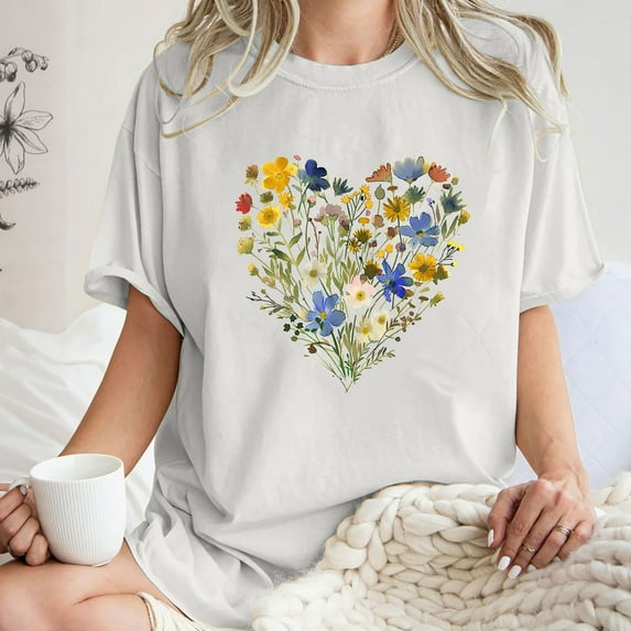 Drses Daisy Shirts for Women Oversized T Shirts Flower Graphic Tees Vintage Floral Print Crewneck Cotton Short Sleeve Tops