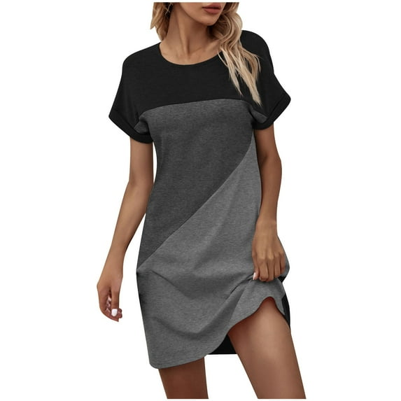 Drses Dress for Women Colorblock Casual Summer Crew Neck Short Sleeve Tunic Mini Dresses Loose Sleepshirt