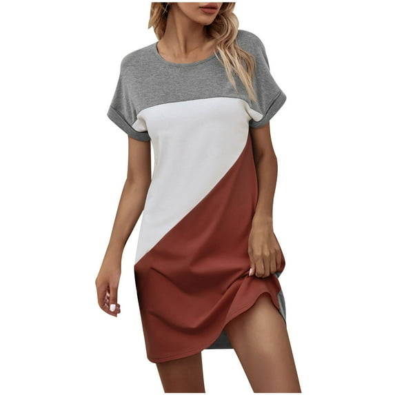 Drses Dress for Women Colorblock Casual Summer Crew Neck Short Sleeve Tunic Mini Dresses Loose Sleepshirt