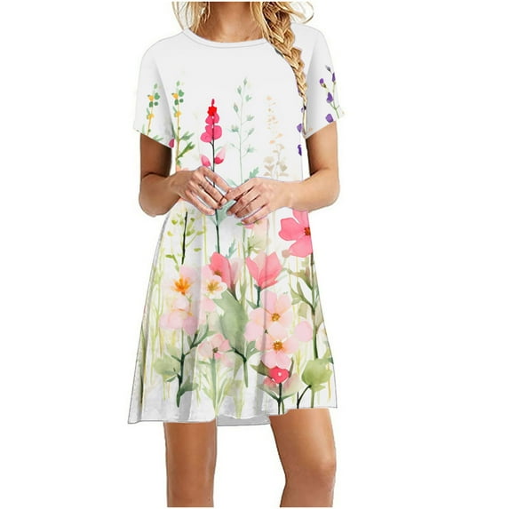 Drses Dresses for Women 2024 Vacation Short Sleeve Round Neck Floral Print Sundress Casual Loose Midi Beach Dress