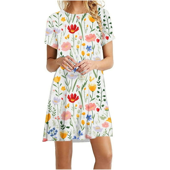 Drses Dresses for Women 2024 Vacation Short Sleeve Round Neck Floral Print Sundress Casual Loose Midi Beach Dress