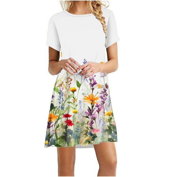 Drses Dresses for Women 2024 Vacation Short Sleeve Round Neck Floral Print Sundress Casual Loose Midi Beach Dress