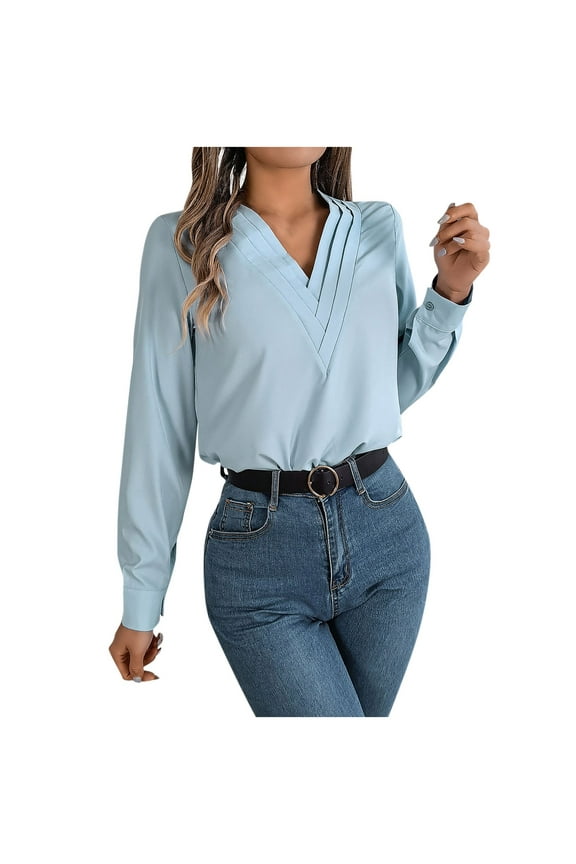 Elegant Blouses for Women Casual Lapel V-Neck Long Sleeve Office T-shirts Fall Loose Fit Tunic Tops Business Clothes