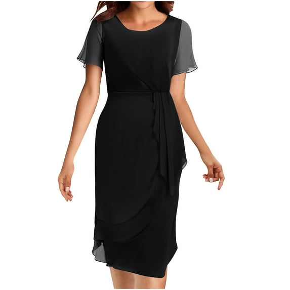 Drses Elegant Office Work Dress for Women's Round Neck Short Sleeve Bodycon Cocktail Midi Dress