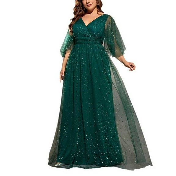 Drses Elegant Plus Size Formal Dress - Long Glitter Gown with Wrap V Neck & Flared Hem for Special Occasions