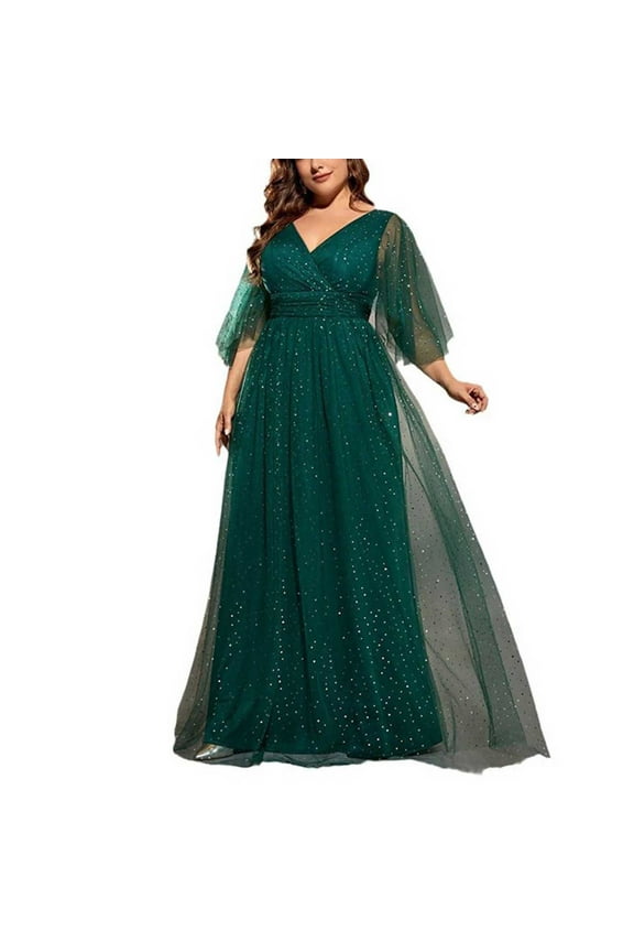  Elegant Plus Size Formal Dress - Long Glitter Gown with Wrap V Neck & Flared Hem for Special Occasions