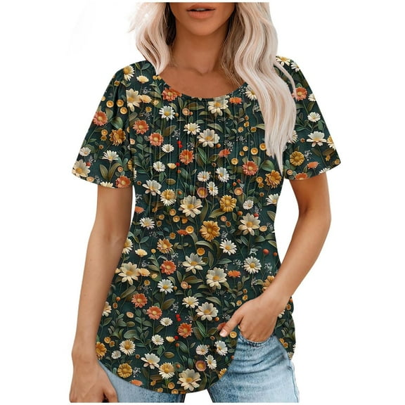 Drses‌ ‌‌‌‌‌‌‌‌‌‌‌‌‌‌‌‌‌‌‌‌‌‌‌‌‌‌‌‌‌‌‌‌‌‌Fashion Boho Floral Pleated Crew Neck Top | Summer Casual Short Sleeve Loose Fit Tunic for Women