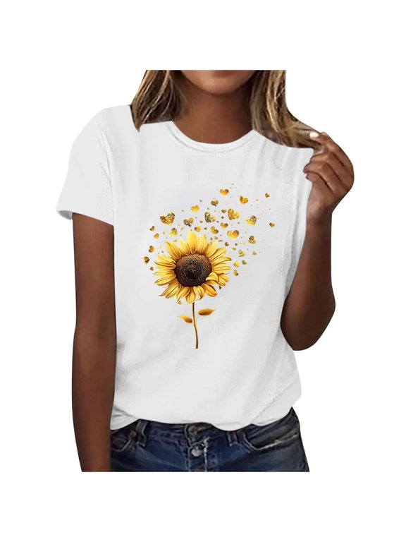  Fashion Boho Floral Vintage Round Neck Tee | Wildflower Graphic Loose Fit Summer Short Sleeve Top for Women