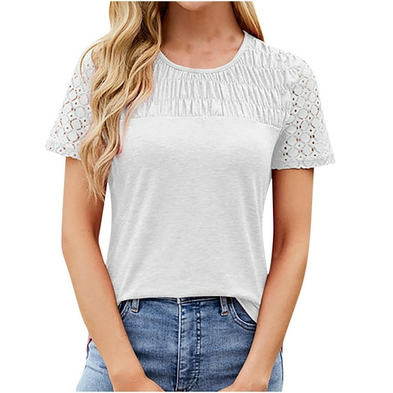 Drses Fashion Women's Lace Summer Casual Top | Dressy Short Sleeve Round Neck Pleated Blouse for Work & Vacation
