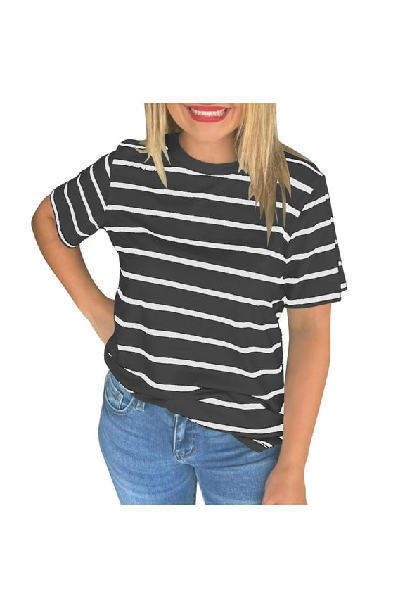  Fashion Women's Plus Size Lightweight Striped Tee | Basic Crewneck Summer Top for Casual Comfort
