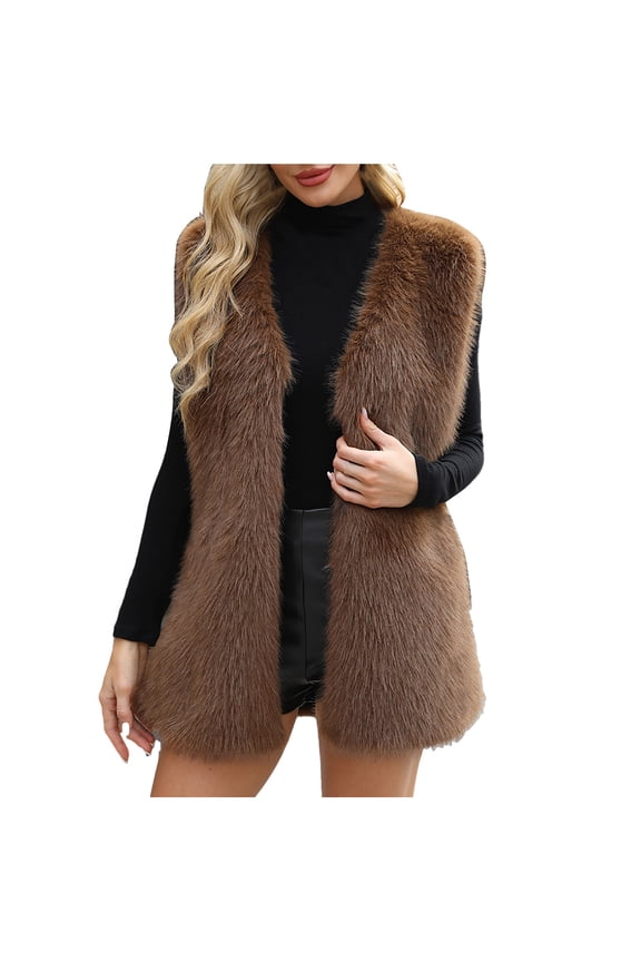 Faux Fur Vest Jacket for Women Sleeveless Open Front Winter Warm Waistcoat Fluffy Fuzzy Gilet Coat Outerwear