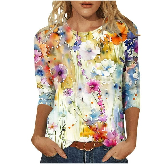 Drses Floral Printed Tops for Women Trendy 3/4 Sleeve Shirts Loose Fit Casual Dressy Blouses Womens Tops