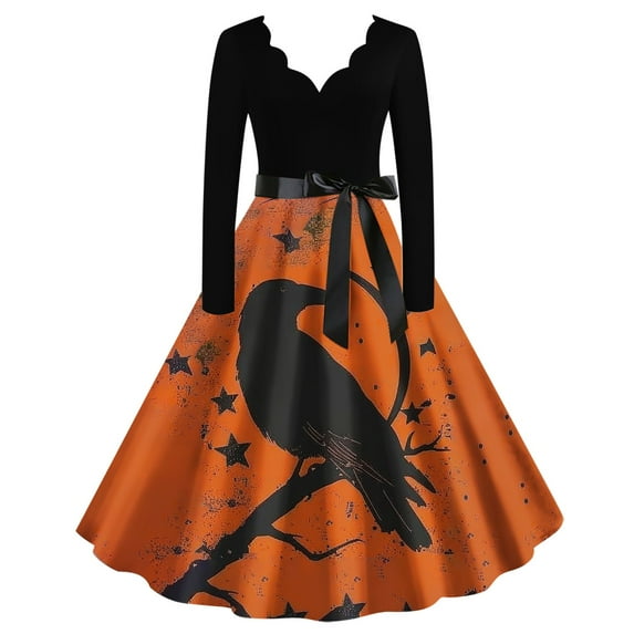 Drses Halloween Dresses Womens Long Sleeve Cocktail Swing Dress Pumpkin Witch Printed Cosplay Party Costume Swing Dress