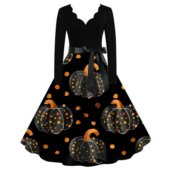 Drses Halloween Dresses Womens Long Sleeve Cocktail Swing Dress Pumpkin Witch Printed Cosplay Party Costume Swing Dress