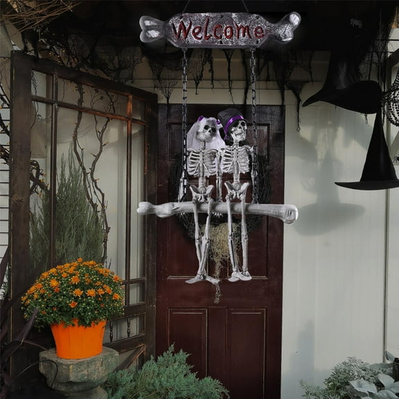 Drses Halloween Skull Skeleton Bride And Groom Welcome Doorplate Hanger