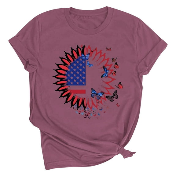 Drses ‌‌‌‌ Independence Day ‌4th of July Women's Patriotic Graphic Tee - American Flag Sunflower Glitter Stars Short Sleeve Shirt (Sizes S - 2XL)