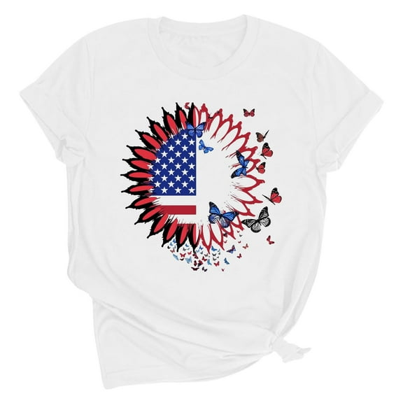 Drses ‌‌‌‌ Independence Day ‌4th of July Women's Patriotic Graphic Tee - American Flag Sunflower Glitter Stars Short Sleeve Shirt (Sizes S - 2XL)