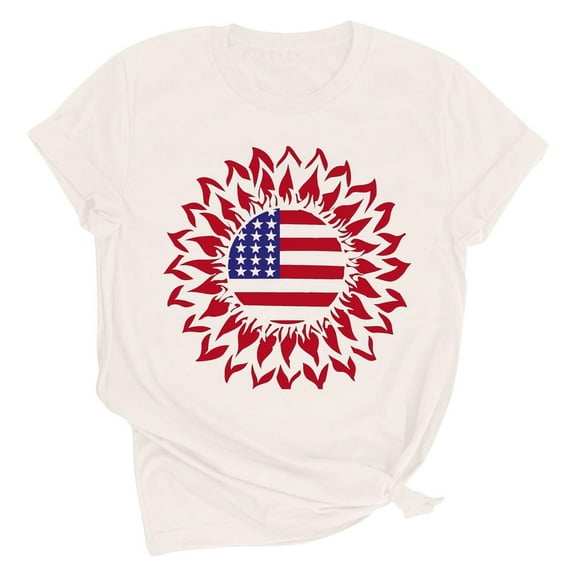 Drses ‌‌‌‌ Independence Day ‌4th of July Women's Patriotic Graphic Tee - American Flag Sunflower Glitter Stars Short Sleeve Shirt (Sizes S - 2XL)