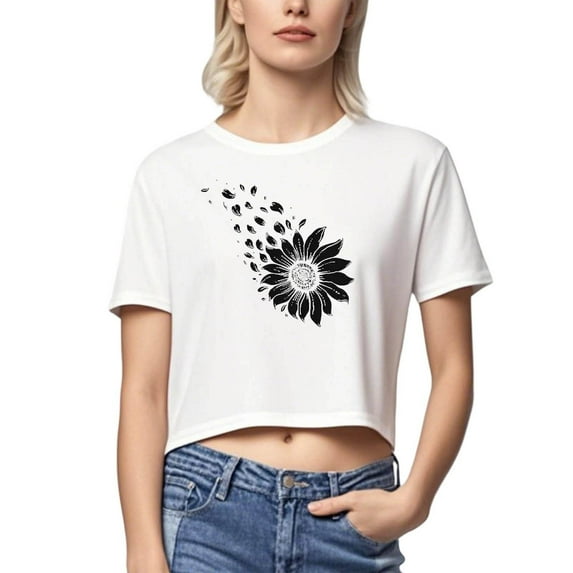 Drses Ladies' Casual Vintage Crop Top - Round Neck Short Sleeve Breathable Cotton Shirt