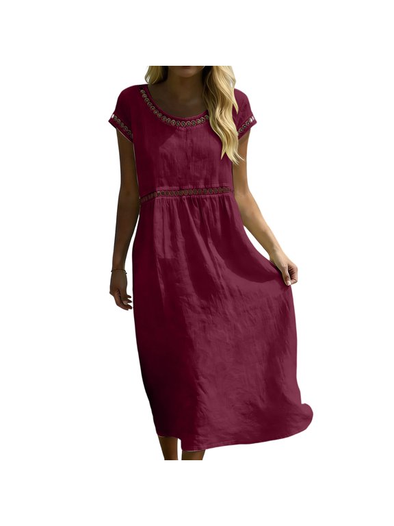 Linen Dresses for Women 2026 Cotton Maxi Dress Short Sleeve Lace Crew Neck Pleated Flowing Dress Summer Vacation Boho