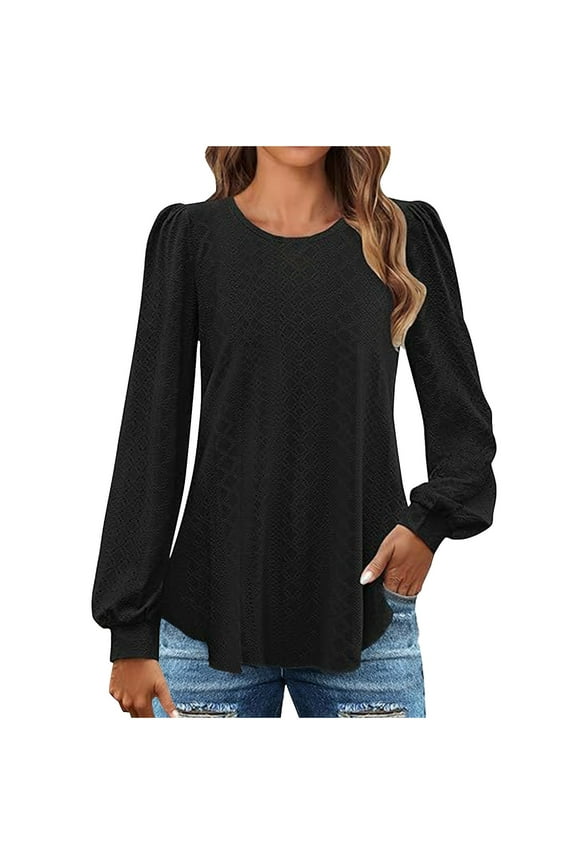 Long Sleeve Eyelet Tops for Womens Crew Neck Fall Shirts Casual Loose Blouses 2024 Trendy Clothes