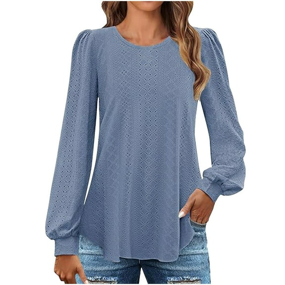Drses Long Sleeve Eyelet Tops for Womens Crew Neck Fall Shirts Casual Loose Blouses 2024 Trendy Clothes