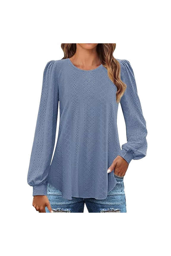Long Sleeve Eyelet Tops for Womens Crew Neck Fall Shirts Casual Loose Blouses 2024 Trendy Clothes