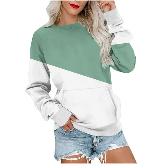 Drses Long Sleeve Womens Tops Womens Casual Loose Patchwork Splicing Long Sleeved Round Neck Tops With Pocket Women's sweatshirts