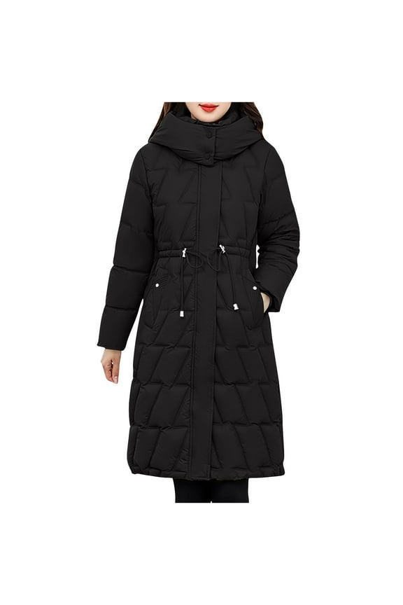Long Winter Coats for Women Warm Hooded Outerwear Drawstring Zip Up Long Sleeve Jackets Trendy Padded Jacket