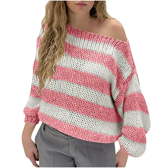 Drses Orange and White Striped Sweater for Women Crew Neck Long Sleeve Color Block Oversized Knitted Pullover Sweaters