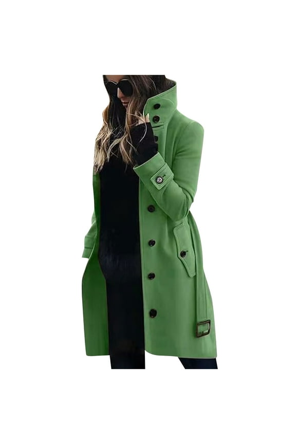 Pea Coats for Women Casual Solid Stand Collar Button Down Long Coat with Waist Belt Fall Winter Trendy Outerwear