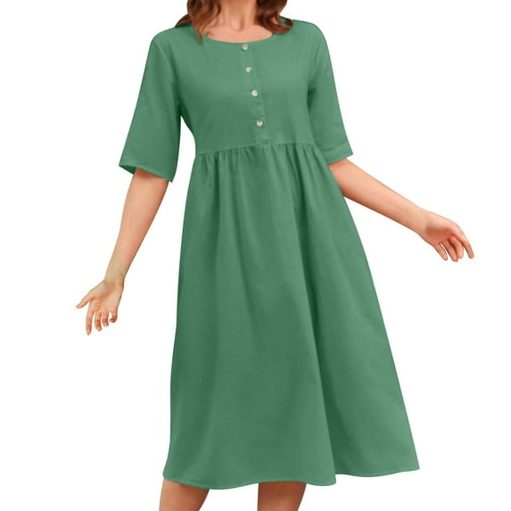 Drses Plus Size Cotton Linen Summer Dress - Short Sleeve Button Up Pleated Midi Dress for Women, Casual Beach & Vacation Loose Fit