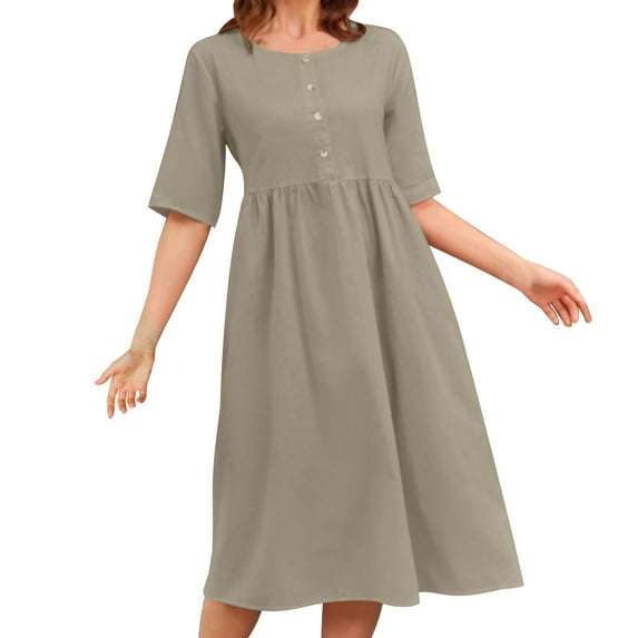 Drses Plus Size Cotton Linen Summer Dress - Short Sleeve Button Up Pleated Midi Dress for Women, Casual Beach & Vacation Loose Fit