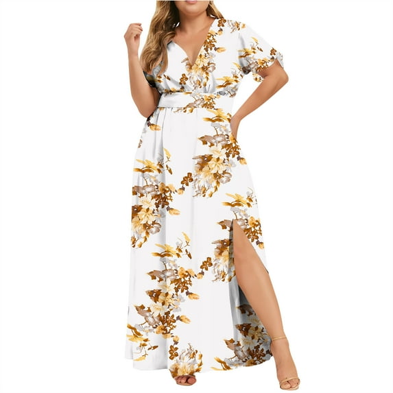 Drses Plus Size Maxi Dress Women V Neck Short Sleeve Floral High Low Flowy Summer Beach Casual Long Maxi Dress