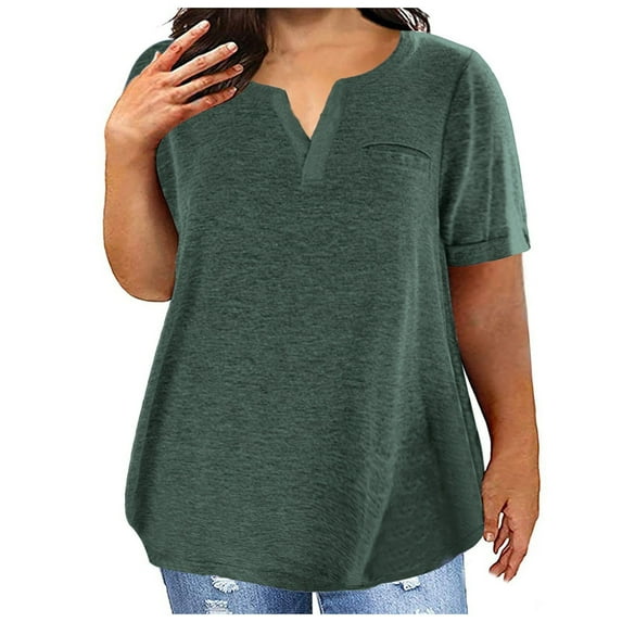 Drses Plus Size Tops for Women Floral/Solid Color Short Sleeve V Neck with Ring Hole Summer Tshirt L-5XL