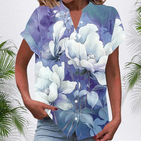 Drses Plus Size Tops for Women Short Sleeve Blouses Casual Loose Fit Printed Button V Neck Tops Ladies Short Sleeve T-Shirts Fit